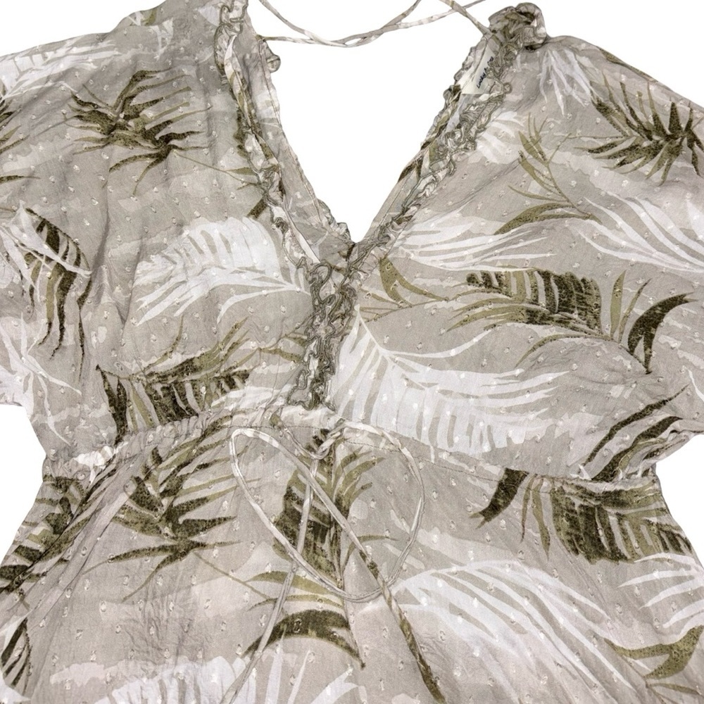 Boho Tropical Print Modal Tunic Dress Size S | Flowy V-Neck Tie Waist beach - Picture 2 of 10